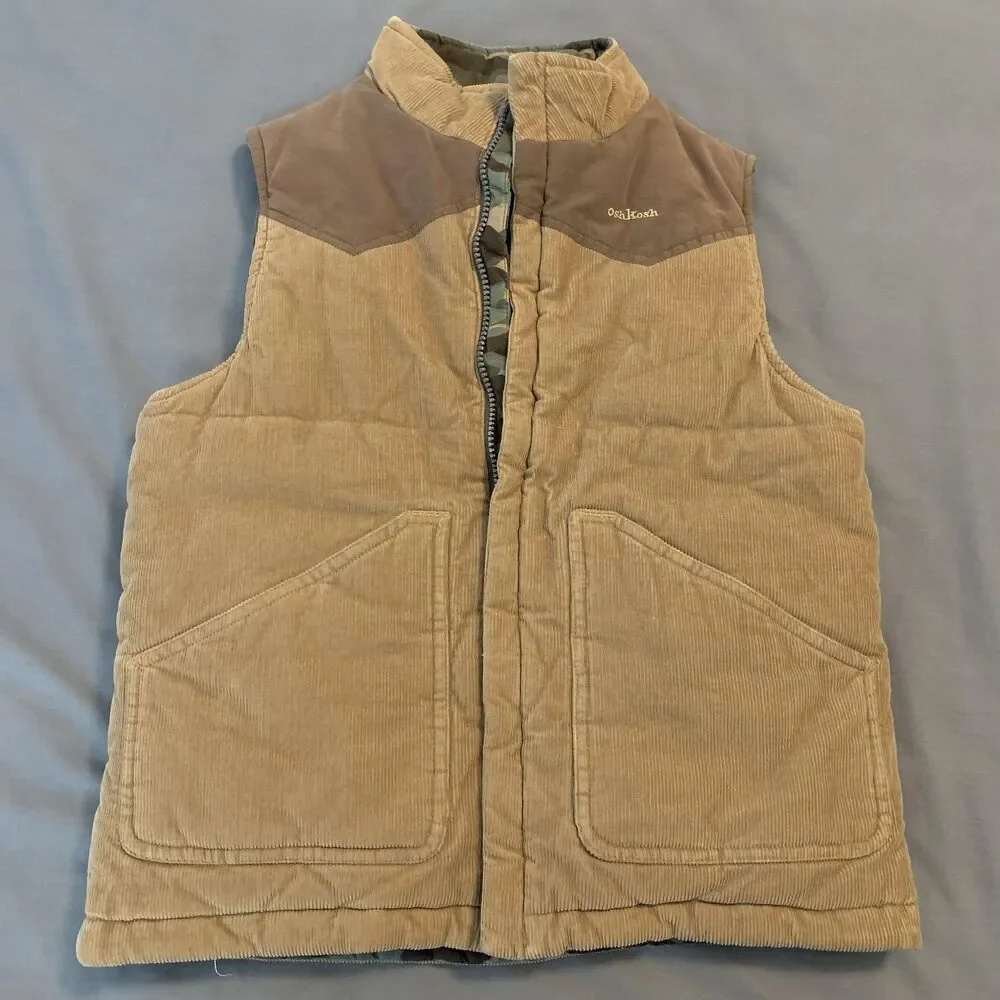 OshKosh Vest Boys 12 Tan Corduroy Reversible Camo Quilted Puffer‎ Jacket